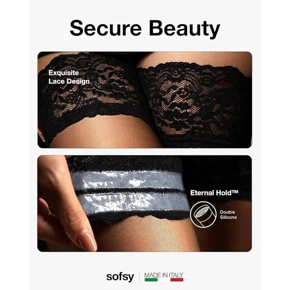 2-Pack Black/Natural Sofsy Lace Stay-Up! Thigh-High Stockings Made in Italy XS